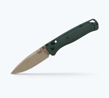 Image of the bugout in the taiga green colorway. Shows off sharp elmax steel and grivory handle.
