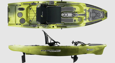 Front and side image of the Slayer Propel Max 10 in the Gator Green colorway. Shows off the swivel seat chair and the many attachment points. Also shows off the propel drive.