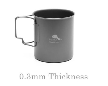Image of the toaks cup with 3mm thick titanium. Shows off lightweight handles that can be flipped to be flush with the cup.