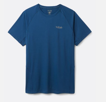 tee showing dryflow material in dark blue, with rab logo on left chest.