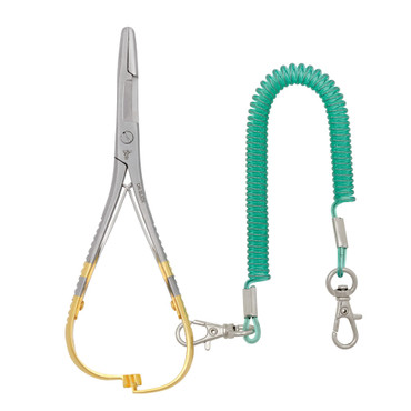 It shows mitten clamps with a serrated scissor mounted behind the jaws that allows for cutting tippet, comes spring-loaded, and with wrist lanyard attached.