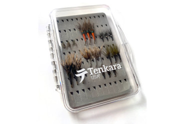 Box of flies. There are 7 different types of flies and 3 flies for each type.