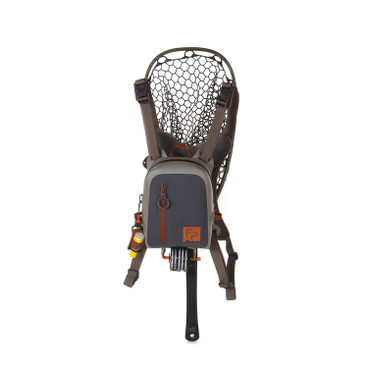 bag with its straps shown with fish net, spool holder, and flotant attached (accessories not included)