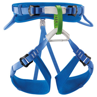 The Macchu harness in the blue colorway. Shows off the two gear loops for quickdraws and comfy design.