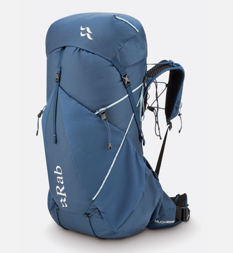 Front of the pack in the Tempest Blue colorway. Shows off lightweight compression straps and UV resistent fabric. Boasts large stretchy pockets on the front and sides for maximum storage capablities.