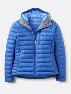 Bluebird colorway of the microlight. a lighter blue fabric lines the inside. Shows off lightweight design and simple baffle design