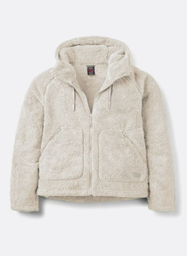 Shows the high lofted fleece jacket. Draw strings for the hood.