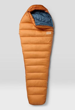 Shows mummy shaped sleeping  bag with horizontal baffles, left side sipper and draft collar