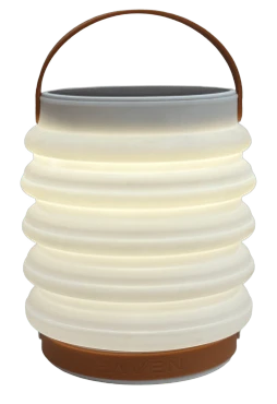 Shows compressible lantern, fully extended with a white light, flashlight on bottom, solar panels on top and carrying handle
