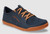 Image of the Loyak from the side in the Navy/Brown colorway. Shows off breathable design and the wide toebox.