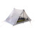 A two person tent with ultralight white material, the door and vestibule are open to show the trekking pole support and the comfortable camp set up inside.