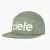 Shows 5 panel, flat-brimmed hat with mesh top, back, and side panels with a printed logo on the front