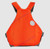 Back of the lifejacket in the orange colorway. Shows off comfortable design and astral logo.