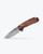 shows knife with stainless steel blade out and maple stabilized wood handle with orange accents