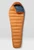Shows mummy shaped sleeping  bag with horizontal baffles, left side sipper and draft collar