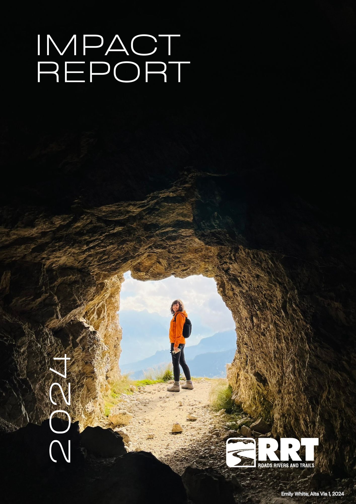 Our 2024 Impact Report, The front cover view that is inside a cave and looking out at shop owner Emily on trail is linked to the full report.