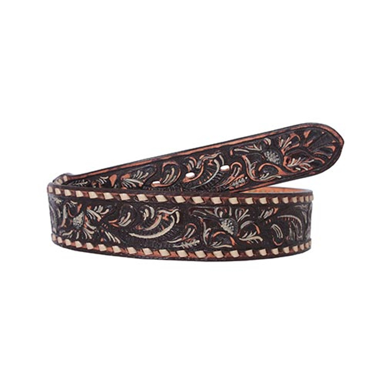 Double J Saddlery Men's Belts - Floral Role Brown Vintage Finish / Cream  Hi-Lite & Cream