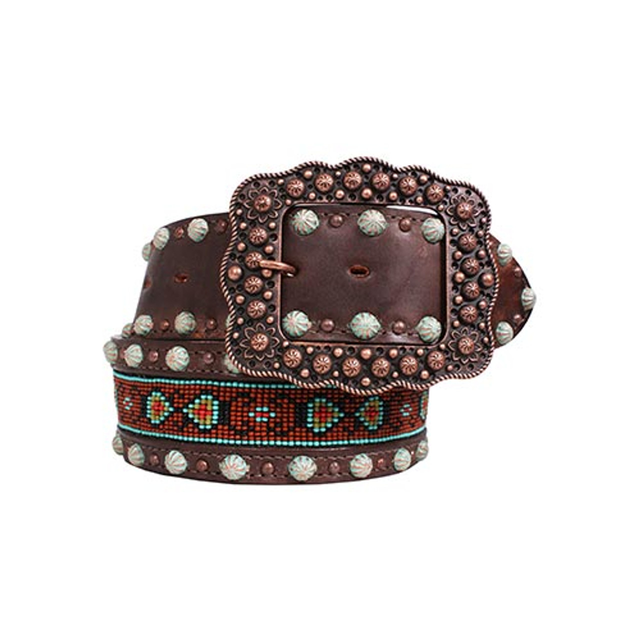 beaded inlay leather belt