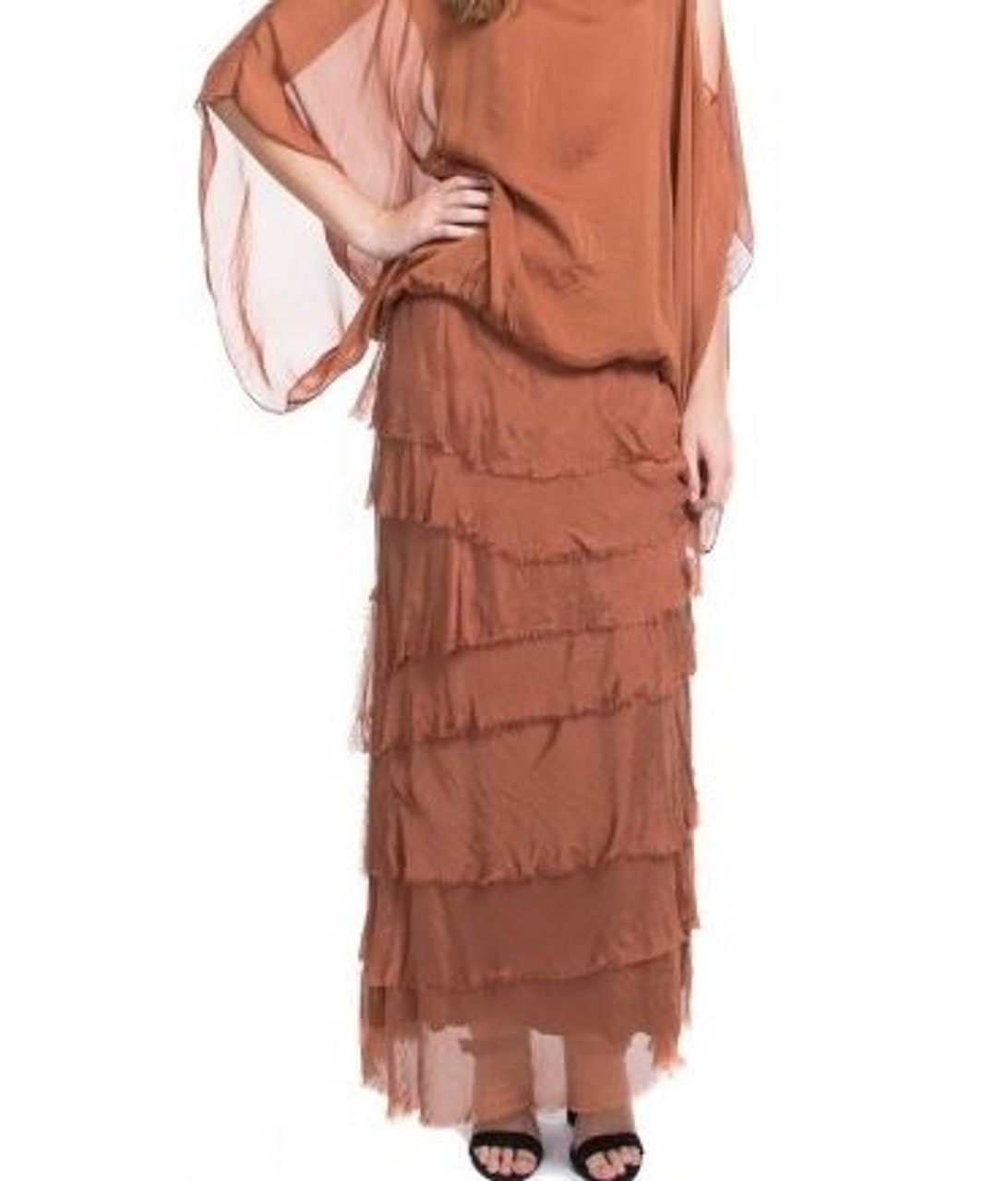 Gigi Moda Women S Clothing Solid Full Length Ruffle Skirt Rust