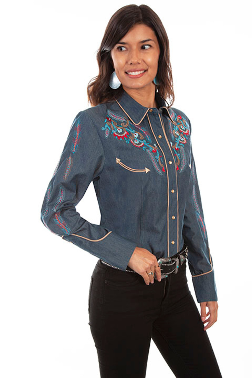 Ice Blue Floral Embroidered Balloon Sleeves Casual Denim Shirt |  ADFY-PEDT-007 | Cilory.com
