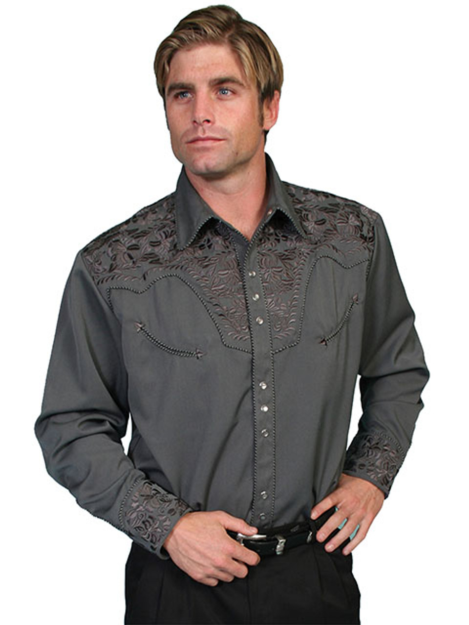 Scully Men's Shirt - Floral Tooled Embroidery - Charcoal - Billy's ...