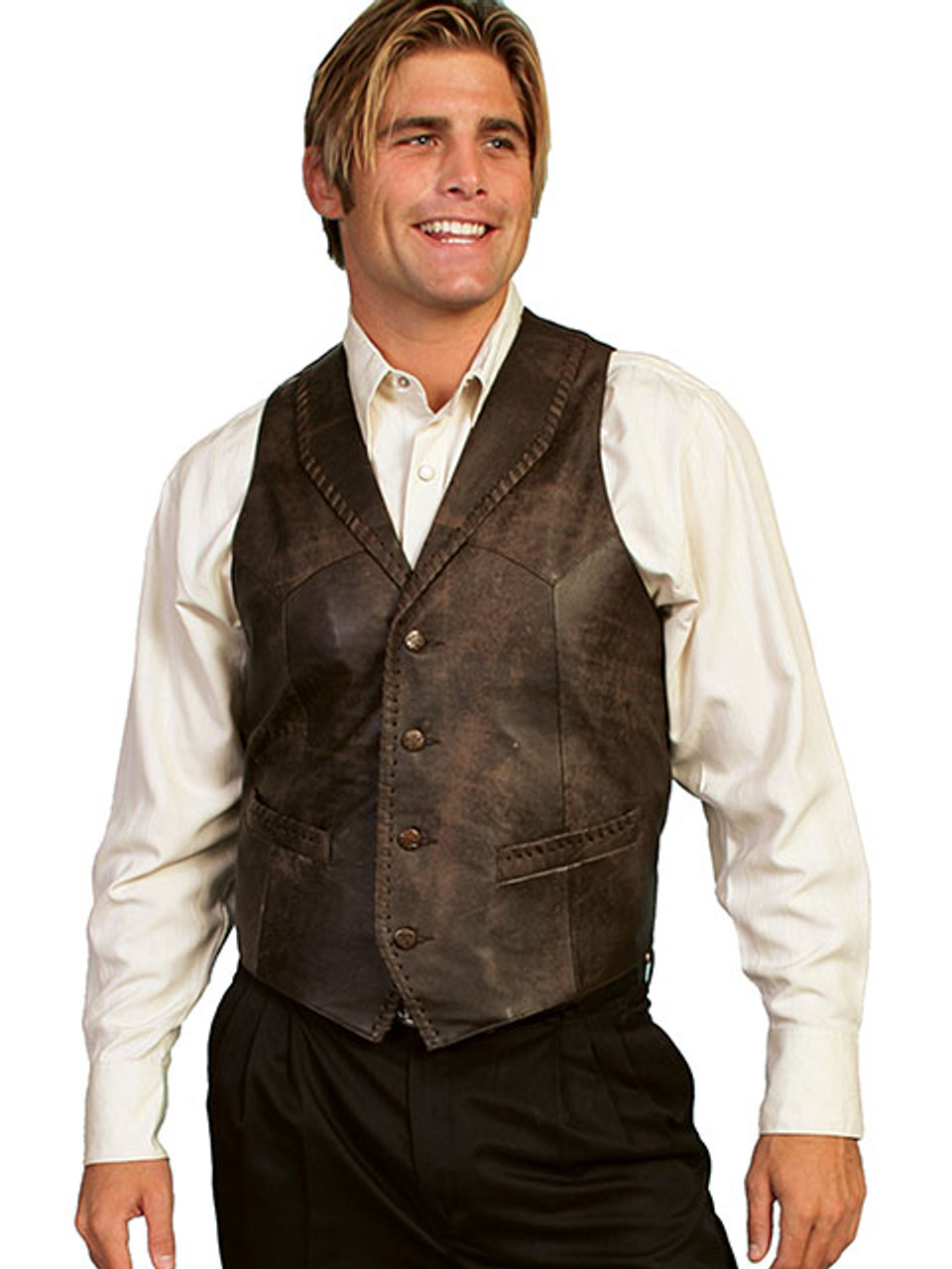 Scully Men's Vest - Whip Stitch Leather Lapel - Buff Brown