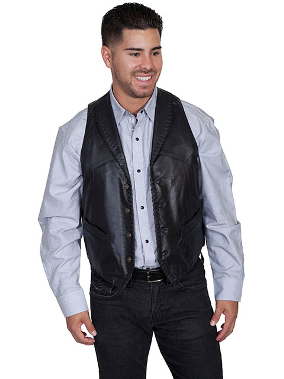 Scully Men's Vest - Whip Stitch Leather Lapel - Black