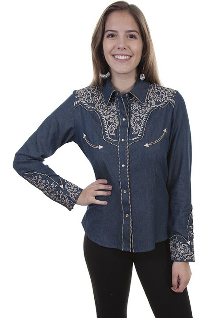 Scully New Western Shirt Women's Snap Two-Tone Scroll Embroidery Black Denim Tan 