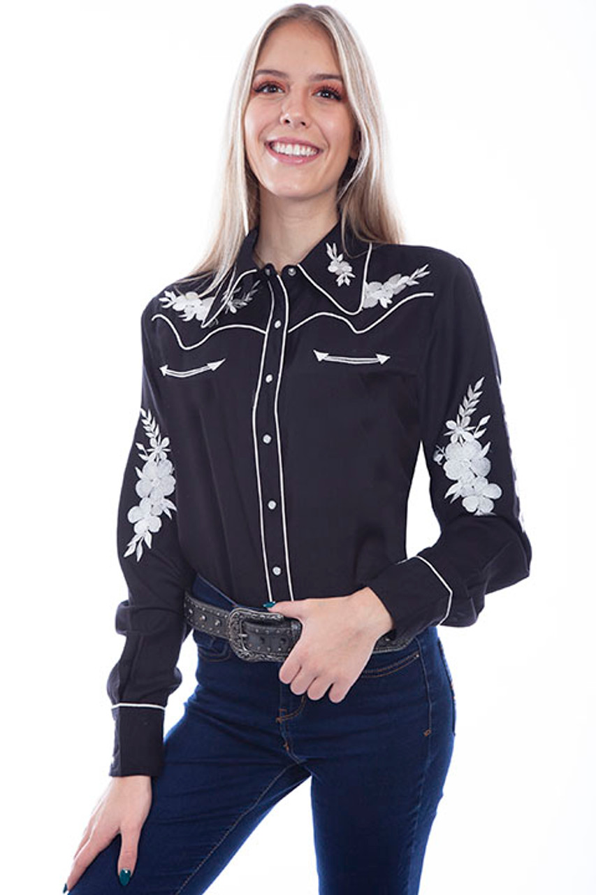 Scully Women's Shirt - Floral Tooled Embroidery - Black / White