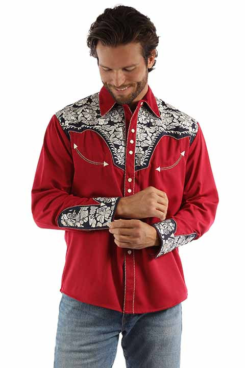 Scully Men's Shirt - Floral Tooled Embroidery - Red / White / Blue -  Billy's Western Wear