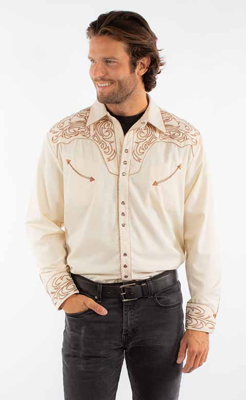 Scully Men's Shirt - Western Elegant Embroidered Scroll - Cream