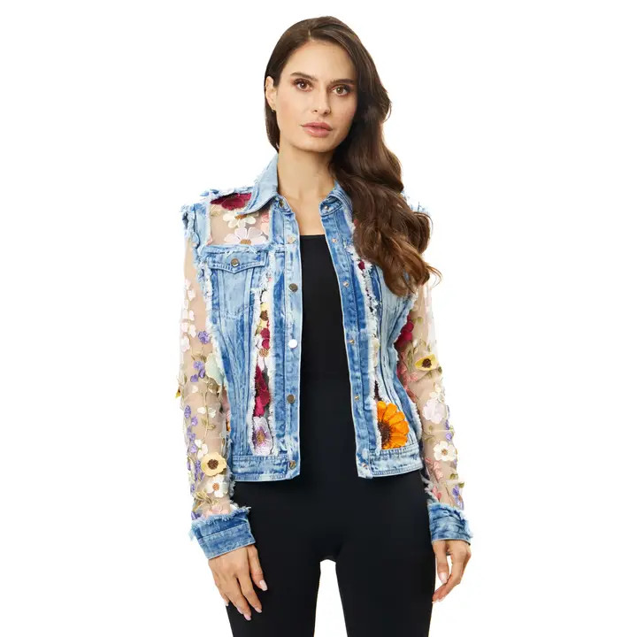 Adore Women's Jackets Floral Embroidered Frayed Edge Denim