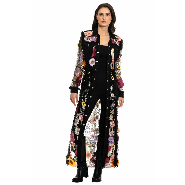 Adore Women's Jackets Long Denim Embroidered Duster Black