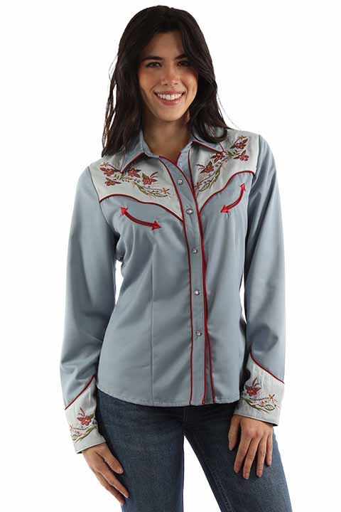 Scully Women's Shirt - Spring Flowers Embroidered - Blue - Billy's