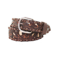 Double J Saddlery Men's Belts - 1 7/8 Tapered to 1 1/2 Floral Tooled Brown Vintage / Bone Inlay Double J Saddlery Men's Belts - 1 7/8 Tapered to 1 1/2 Floral Tooled Brown Vintage / Bone Inlay