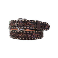 Double J Saddlery Men's Belts -  1 1/2 Brown Vintage Whirlwind Tooled Belt W/ Cream Buckstitch Double J Saddlery Men's Belts -  1 1/2 Brown Vintage Whirlwind Tooled Belt W/ Cream Buckstitch