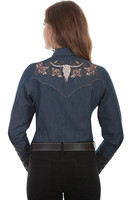 Scully Women's Shirt - Roses W/ Longhorn Skull Embroidered 