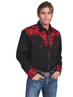 Scully Men's Shirt - Floral Tooled Embroidery - Black / Crimson Scully Men's Shirt - Floral Tooled Embroidery - Black / Crimson