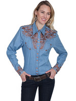 Scully Women's Shirt - Floral Tooled Embroidery - Blue / Tan Scully Women's Shirt - Floral Tooled Embroidery - Blue / Tan