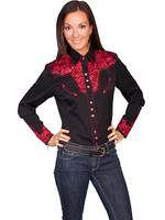 Scully Women's Shirt - Floral Tooled Embroidery - Black / Crimson Scully Women's Shirt - Floral Tooled Embroidery - Black / Crimson
