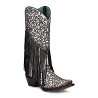 Corral Women's Boots - White / Black Lamb Overlay w/ Embroidery & Fringe