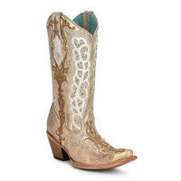 Corral Women's Boots - Gold / Bone Overlay w/ Embroidery & Studs & Crystals