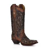 Corral Women's Boots - Inlay Flower Embroidered Stud - Cognac /Snip Toe
