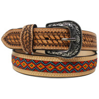 Challenger Accessories - Western Floral Tooled & Beaded Leather Belt Challenger Accessories - Western Floral Tooled & Beaded Leather Belt