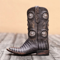 Black Jack Boots - Caiman Belly #1409 - Black Greystone / Tooled 3D Texas Stars
