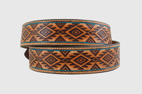 Gem Dandy Women's Accessories - Roper Belt - Aztec Emb / Sanded Two Tone - Turquoise Painted Stitching - Tan Gem Dandy Women's Accessories - Roper Belt - Aztec Emb / Sanded Two Tone - Turquoise Painted Stitching - Tan