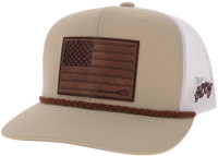 Hooey Caps - Liberty Roper Tan / White 6-Panel Trucker with Leather Flag Patch