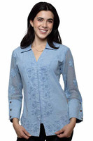 Scully Women's Top - Cantina Collection - Peruvian Cotton - Embroidered / Mesh Sleeves - Blue