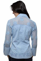 Scully Women's Top - Cantina Collection - Peruvian Cotton - Embroidered / Mesh Sleeves - Blue