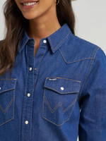 Wrangler Women's Dress - Long Sleeve Shirt Style - Dark Denim